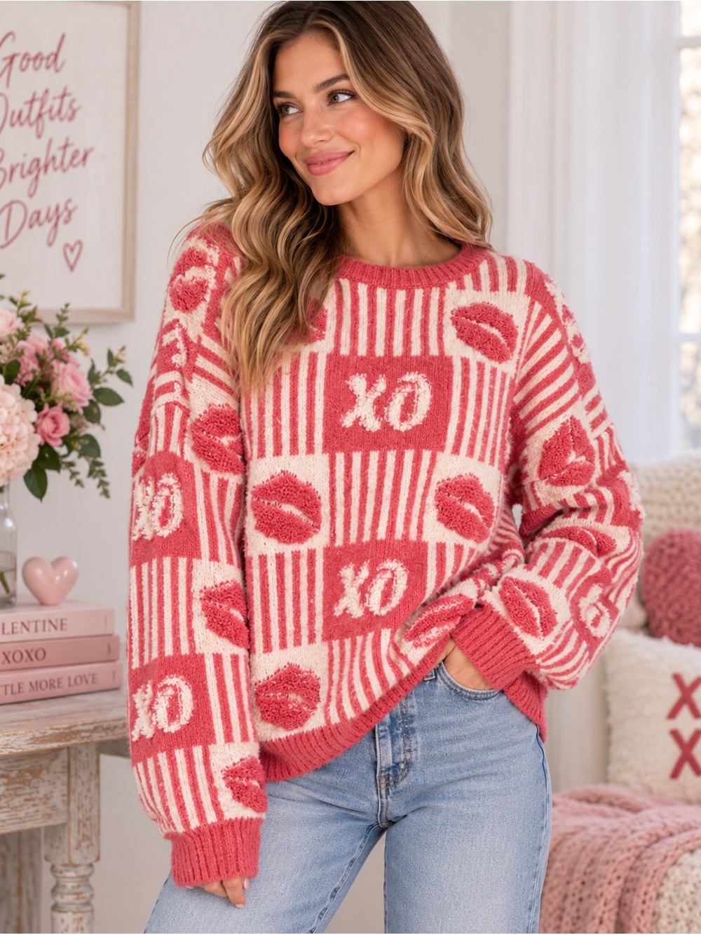 Coquette XO Lips Sweater Pink Checkerboard Novelty Knit Valentine Crewneck XL